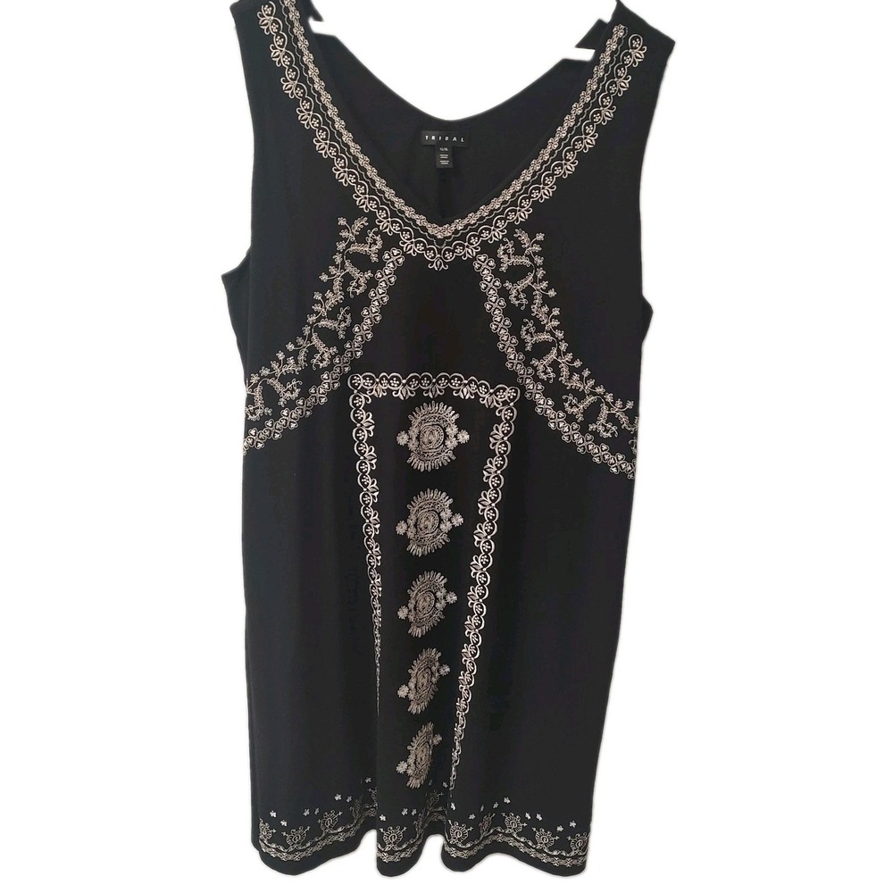 Tribal Women Sleeveless Black Midi Dress White Embroidered Trim Sz XL T shirt